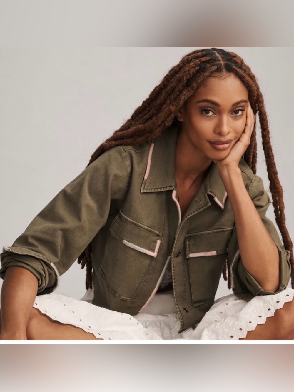 Pilcro Anthropologie Embroidered Cropped Utility Green Jacket